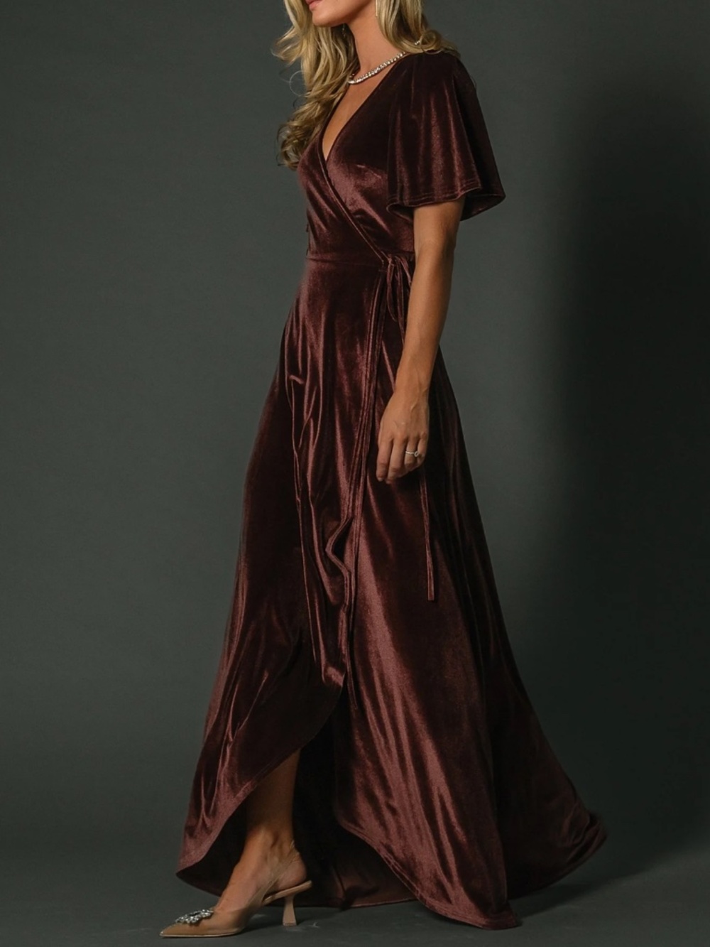 Baltic Born Katelyn Clove Velvet Maxi Wrap Dress Mauve Brown Wedding Guest - Picture 2 of 15